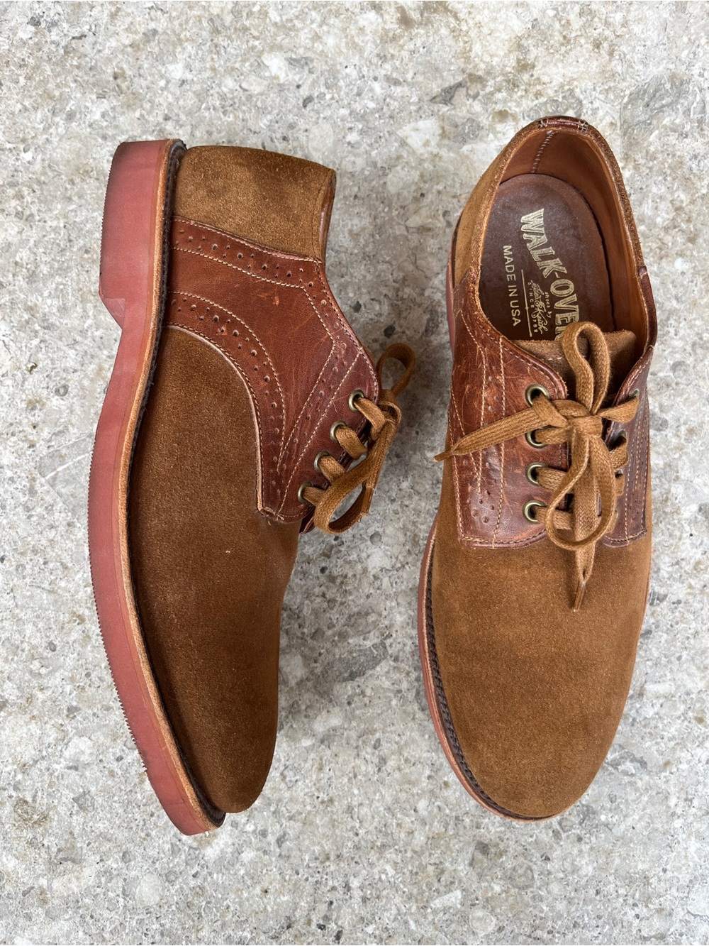 Walk Over Saddle Oxford Brown Suede Derby Shoes Leather Made in USA Dress Work